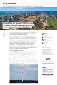 Bild der The Conversation Website mit dem Artikel Forest Wind and Australia's renewables revolution.